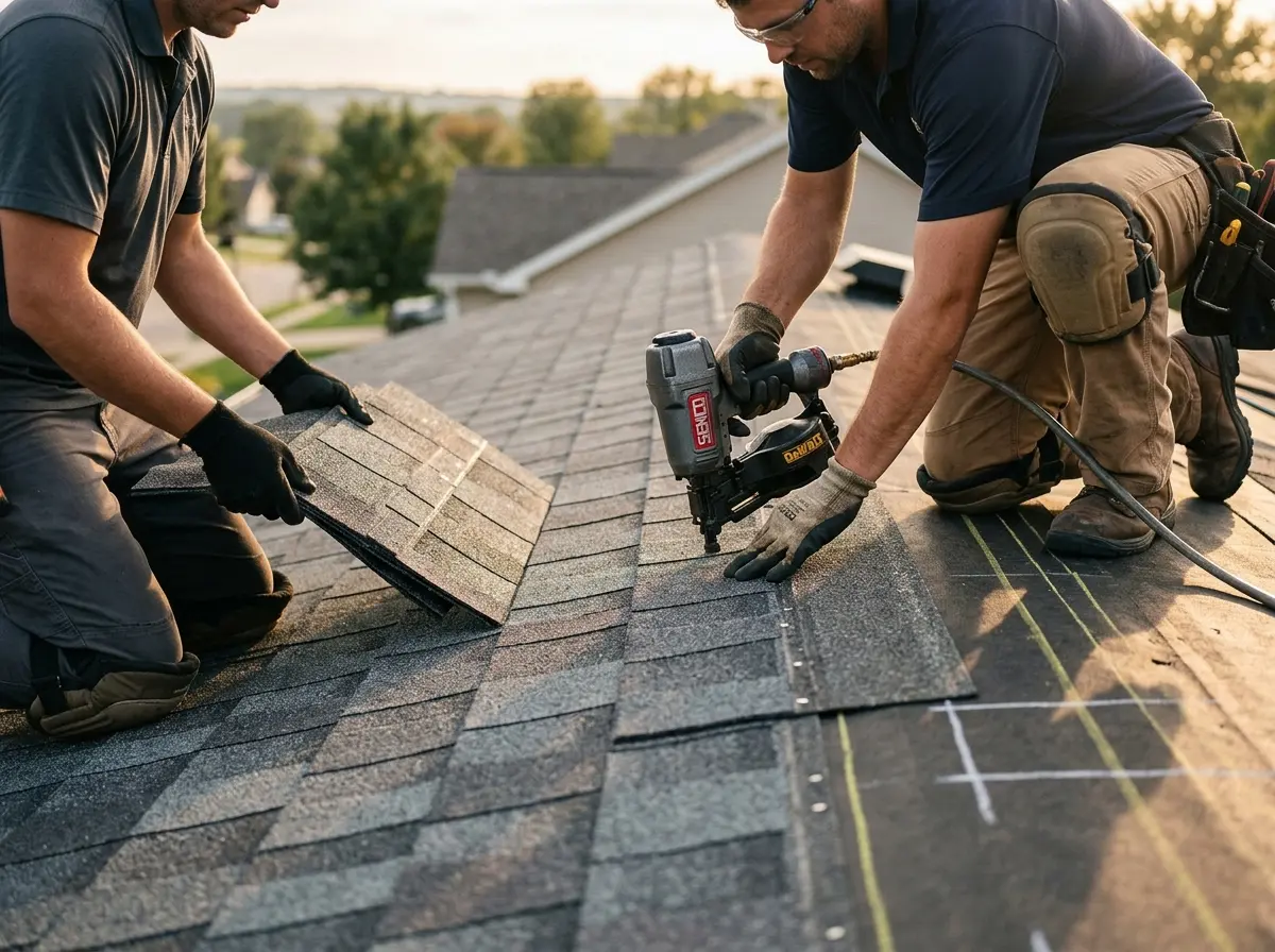 Professional roofer working on a residential roof in Melissa